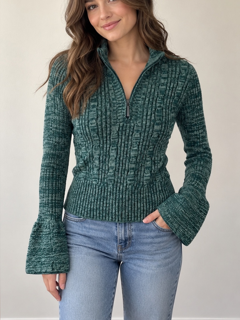 DKNY Jeans Teal Textured Quarter-Zip Sweater | XS